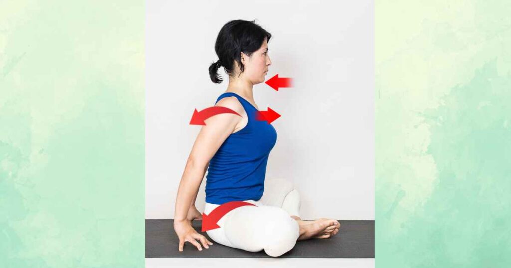 Woman practicing the Bound Angle Pose (Baddha Konasana) taken from the side with arrows showing the alignment in this posture.