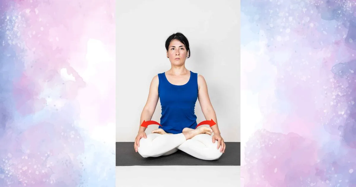 Padmasana with arrows describing the alignment of the pose.